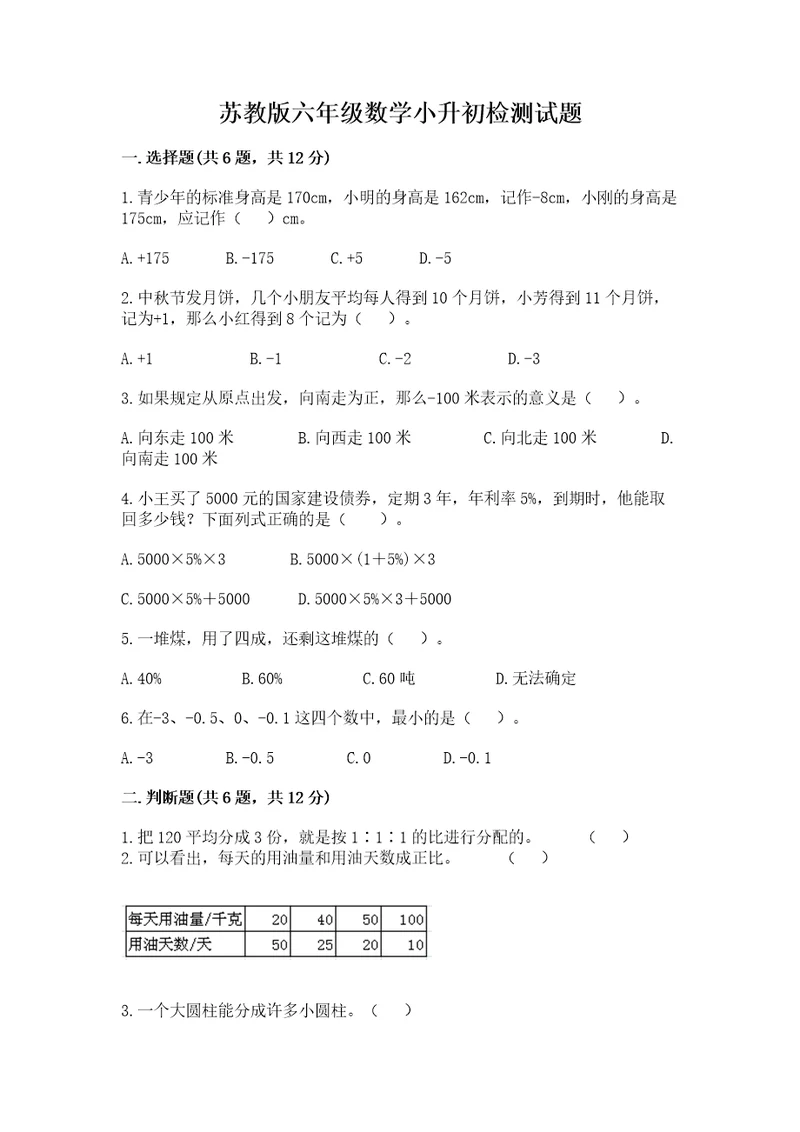 苏教版六年级数学小升初检测试题附参考答案（综合卷）