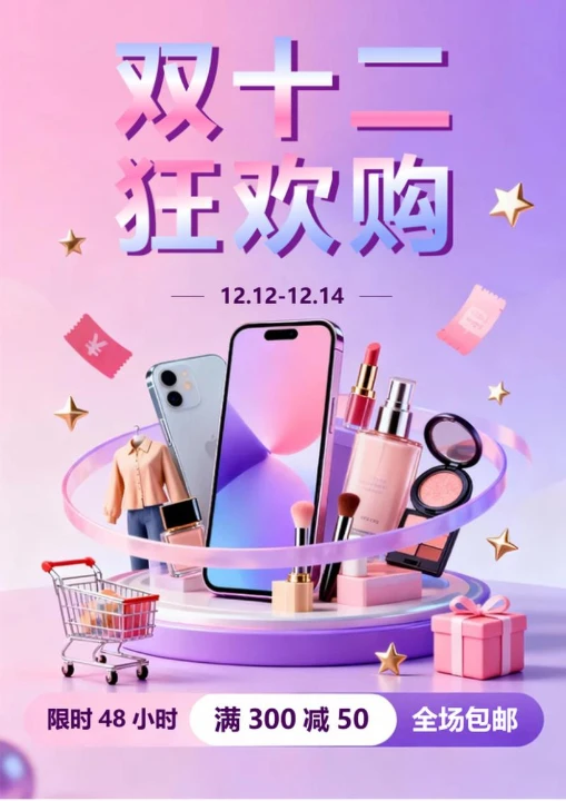 紫色渐变拟态风双十二营销海报