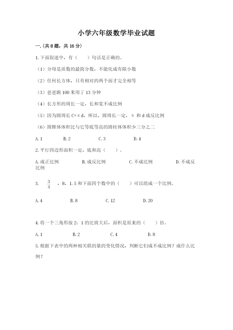 小学六年级数学毕业试题（考点精练）.docx