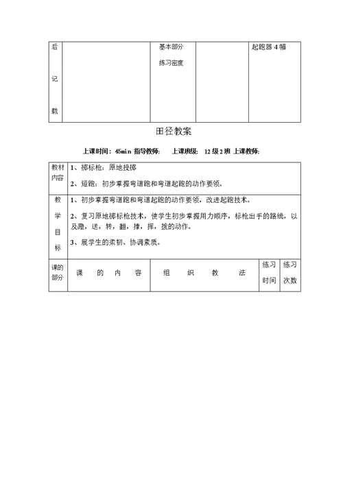 中学田径运动队训练教案(全套)