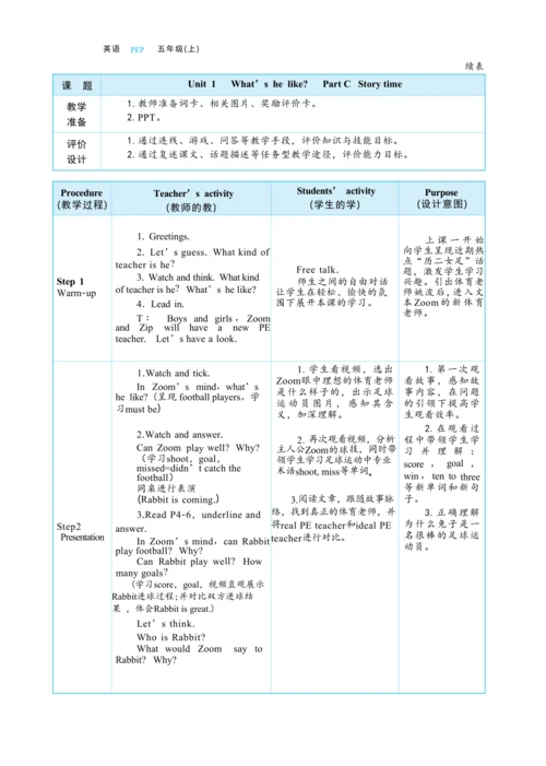 Unit 1 What's he like Part C  Story time大单元整体教学设计(