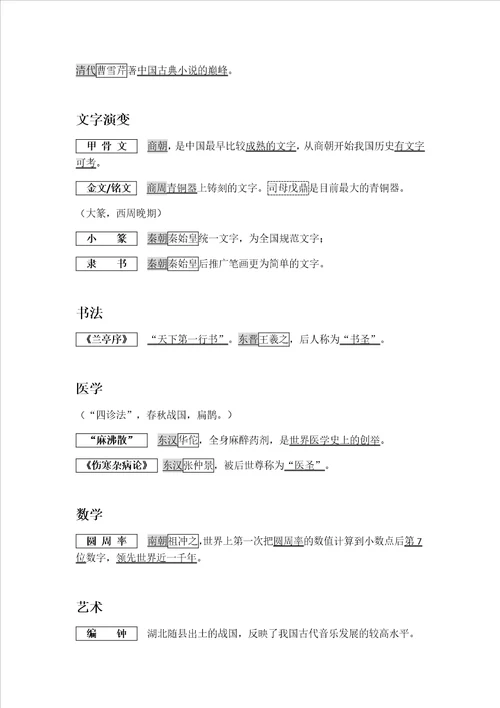 北师大版历史中考科技文化实记表