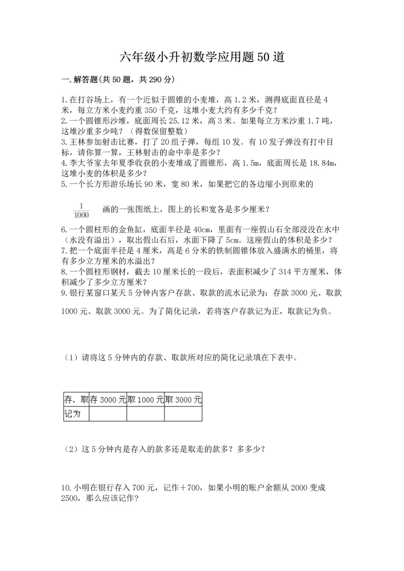 六年级小升初数学应用题50道及一套参考答案.docx