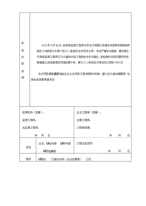 建筑现场管理奖罚通知单安全