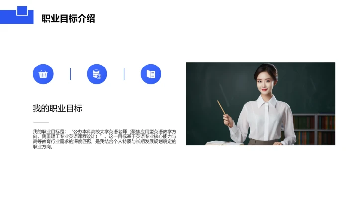 蓝色商务风英语专业大学生职业生涯规划发展展示PPT模版
