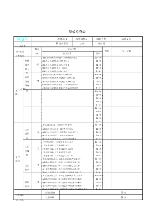 项目专员绩效考核表格