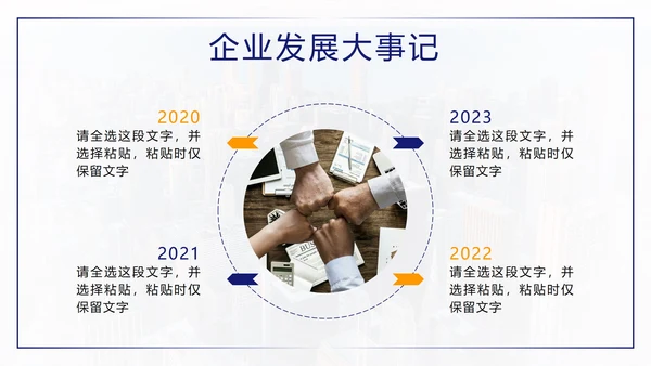 蓝色城市实景时间轴企业发展大事件PPT模板