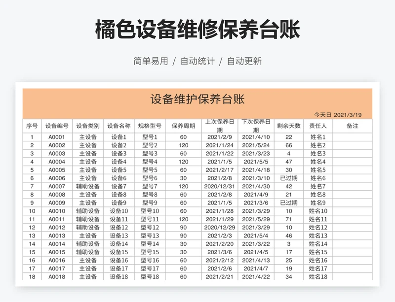 橘色设备维修保养台账