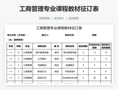 工商管理专业课程教材征订表