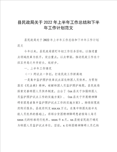 县民政局关于2022年上半年工作总结和下半年工作计划范文