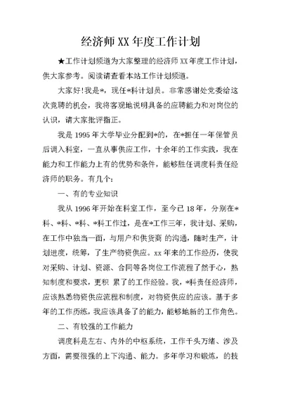 经济师XX年度工作计划