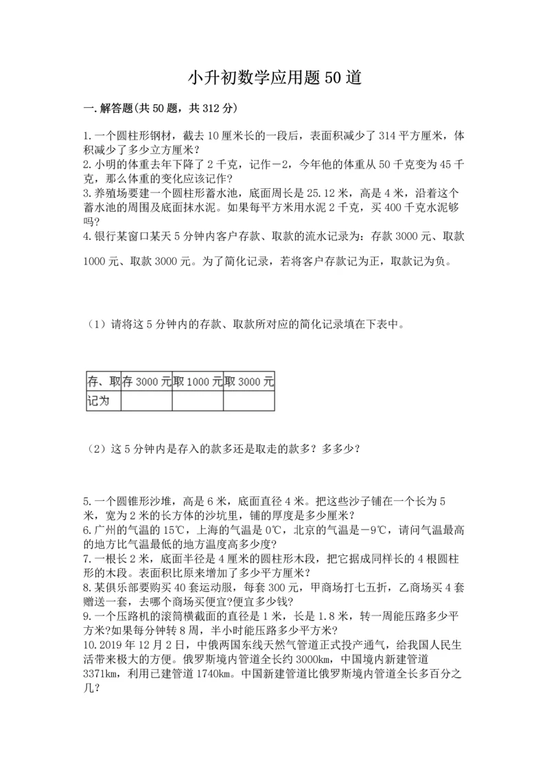 小升初数学应用题50道附答案（满分必刷）.docx