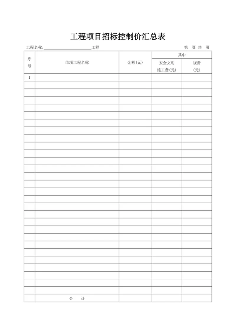 工程项目招标控制价汇总表