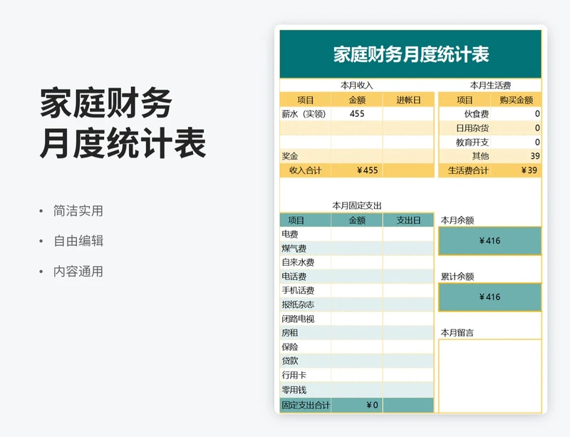 小清新风家庭财务月度统计表