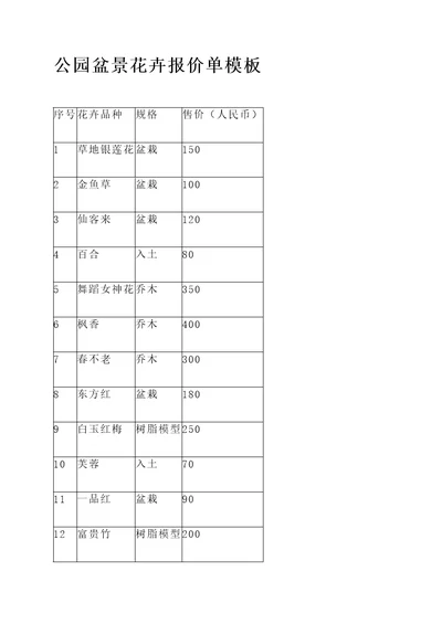 公园盆景花卉报价单