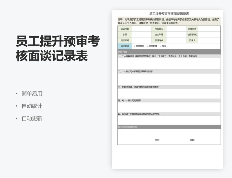 员工提升预审考核面谈记录表