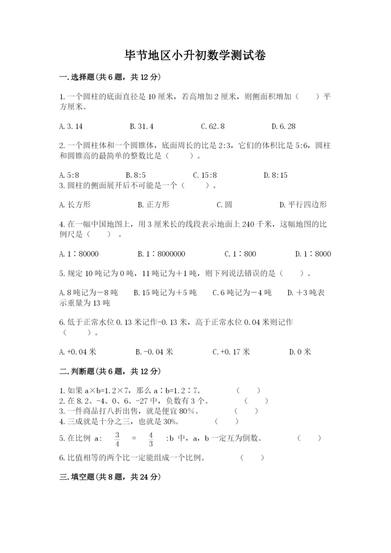 毕节地区小升初数学测试卷新版.docx