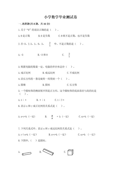 小学数学毕业测试卷（精练）