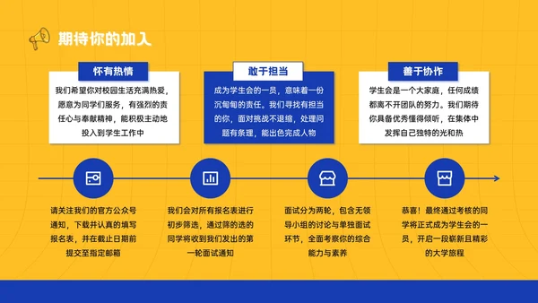 黄蓝色插画风大学生学生会招新宣讲PPT模板
