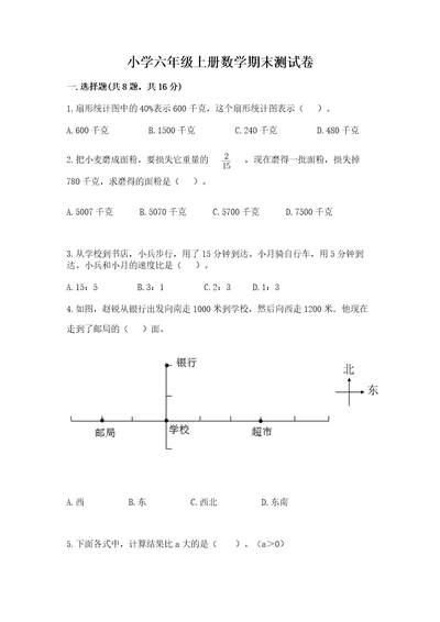 小学六年级上册数学期末测试卷附参考答案（完整版）