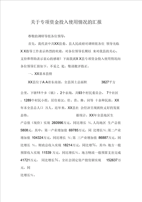 关于专项资金投入使用情况的汇报