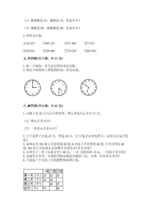 二年级上册数学期末测试卷推荐