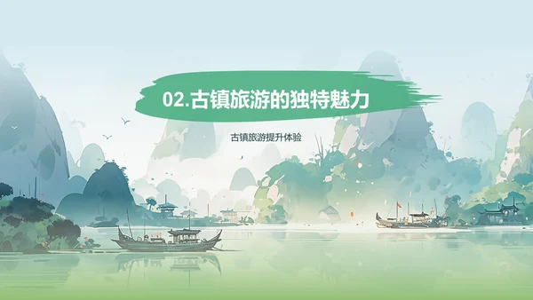 绿色国风插画古镇旅游相册展示PPT模板