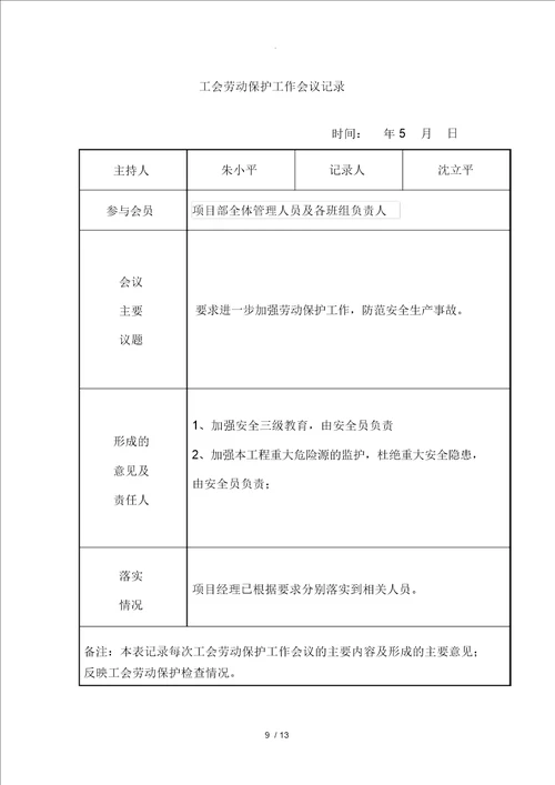 工会劳动保护工作会议记录