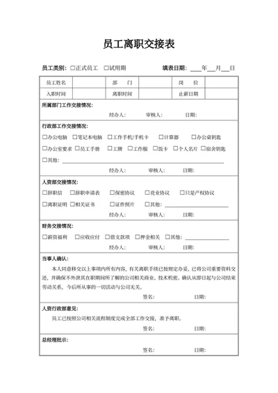 员工离职交接表