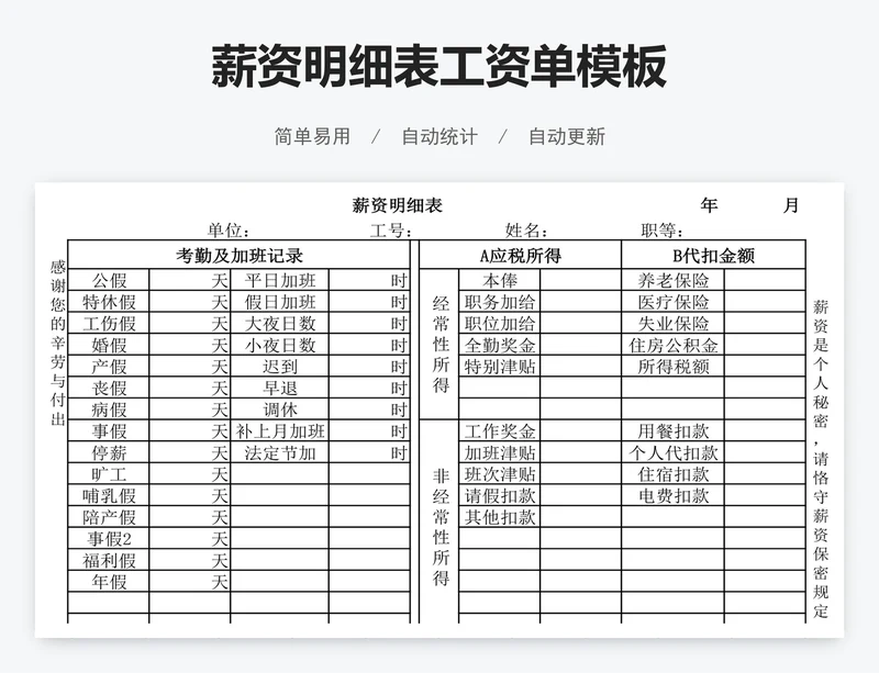 薪资明细表工资单模板