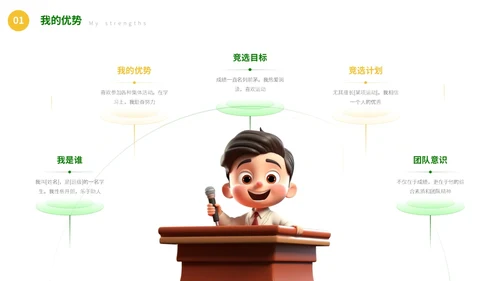 绿色可爱卡通风自我介绍班干部竞选PPT模板