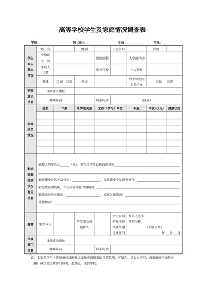 高等学校学生及家庭情况调查表