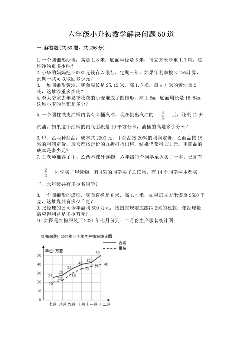 六年级小升初数学解决问题50道附参考答案【实用】.docx