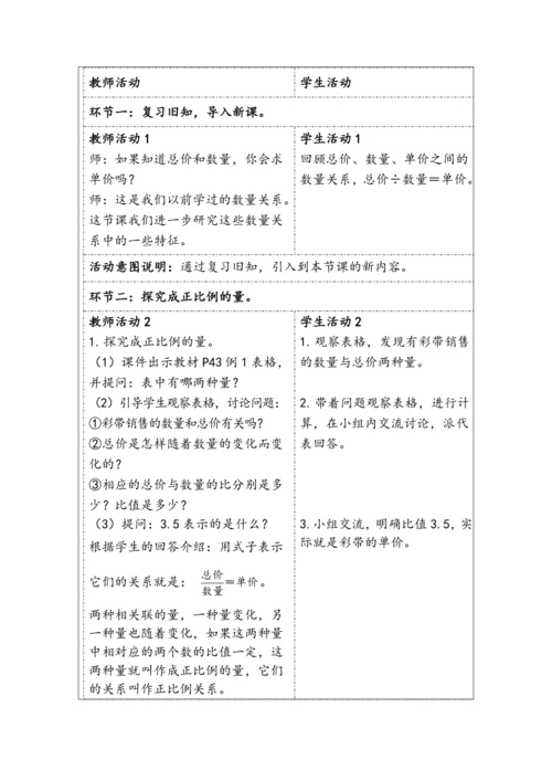 大单元教学【核心素养目标】4.4  正比例（表格式）教学设计