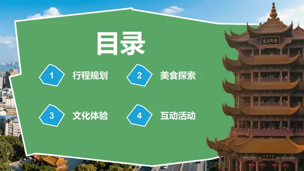 绿色摄影风武汉美食与文化体验旅行计划PPT模板
