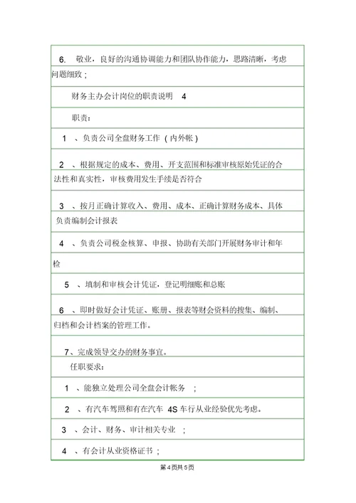 财务主办会计岗位的职责说明岗位职责