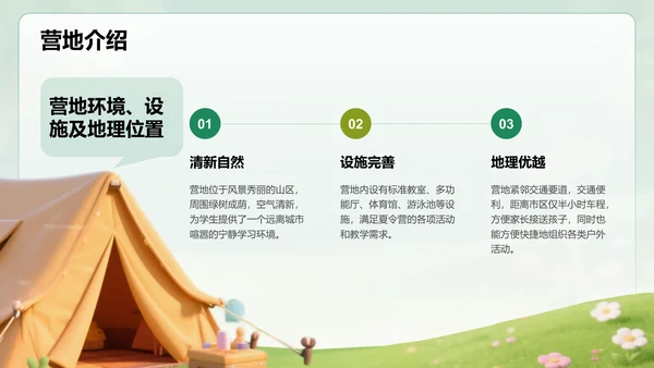 绿色3D风暑假夏令营行程介绍PPT模板