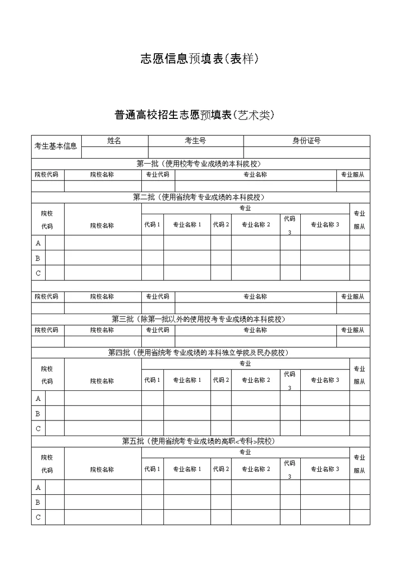 高考志愿信息表(全真样表)