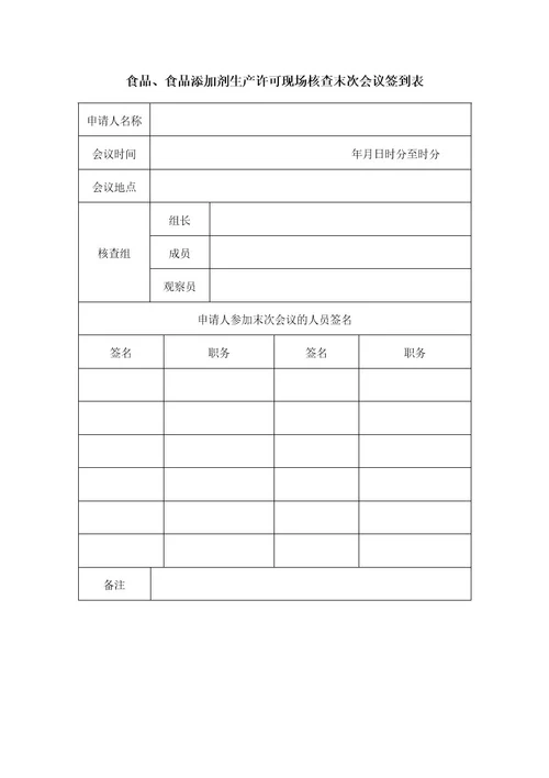 食品、食品添加剂生产许可现场核查首(末）次会议签到表