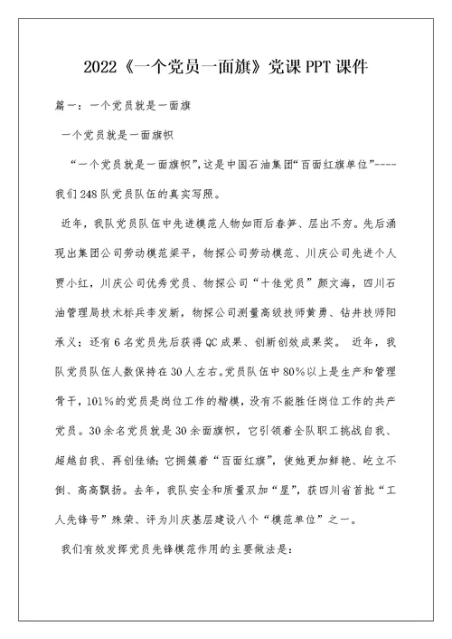 2022《一个党员一面旗》党课PPT课件