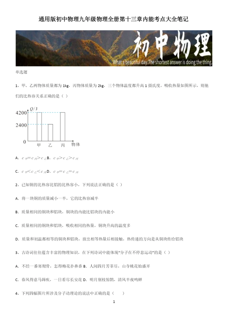 通用版初中物理九年级物理全册第十三章内能考点大全笔记.docx