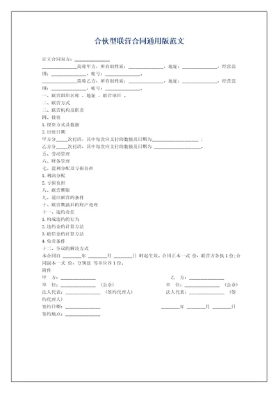 合伙型联营合同通用版范文