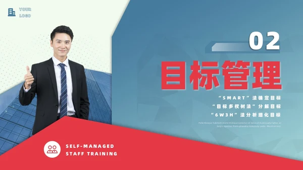 红蓝色商务风创意不规则形状自我管理员工培训内容PPT