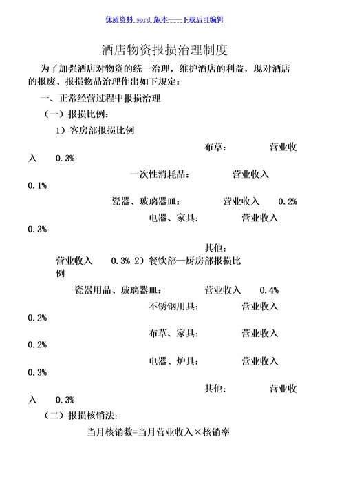 酒店物资报损管理制度,报损比例规定、报损物资处理办法