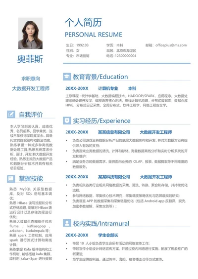 蓝色简约大数据开发工程师简历word模板