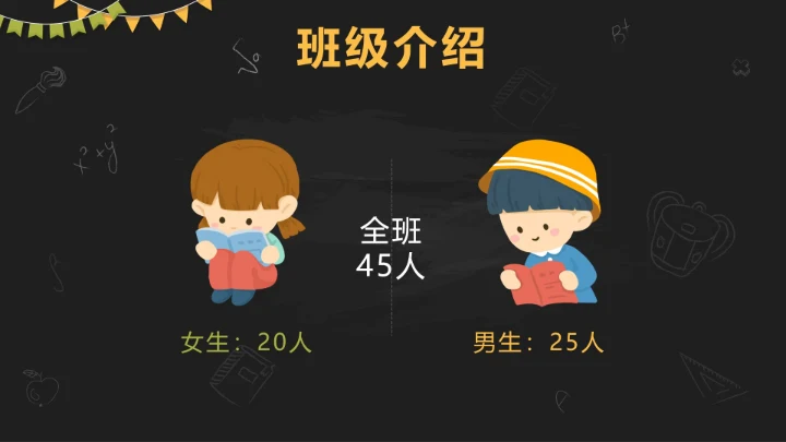 黑色卡通黑板快乐开学童梦放飞带内容PPT模板