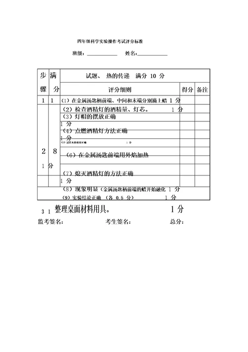 四年级科学实验操作考试题