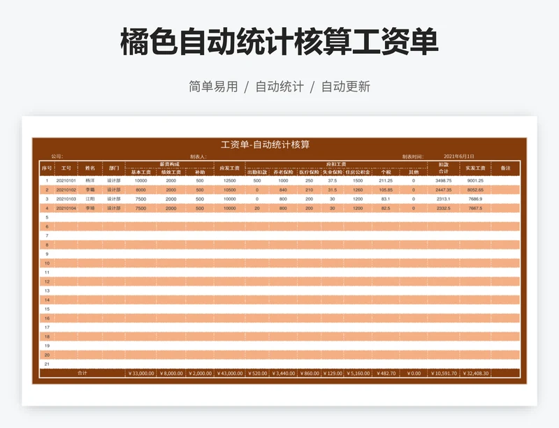 橘色自动统计核算工资单