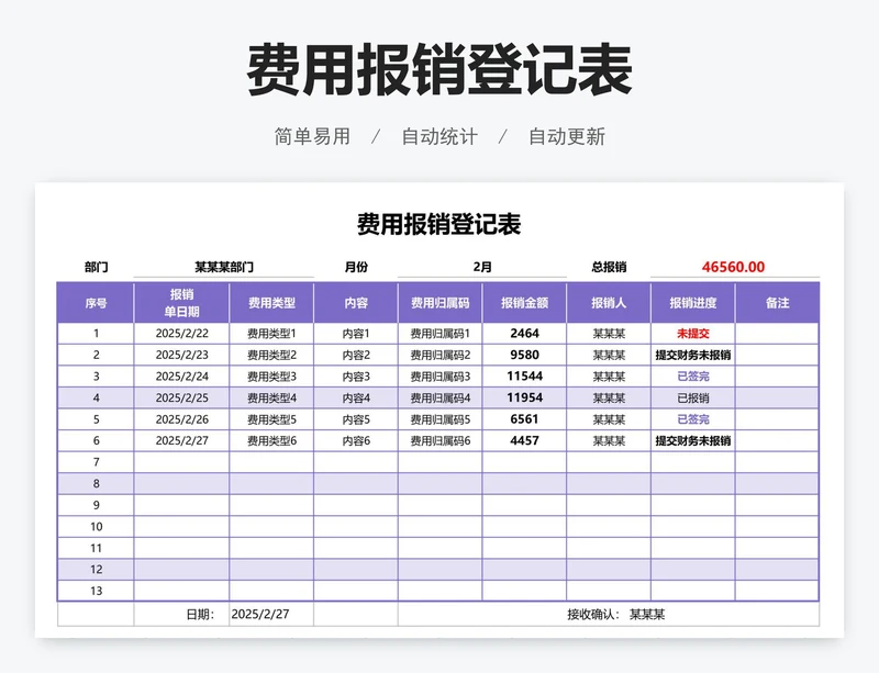 费用报销登记表