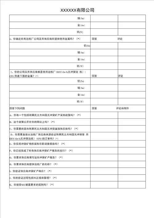 2022年最新冲突矿产调查表中文版